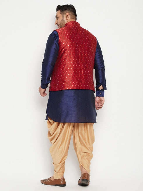 Vastramay Men's Plus Size Maroon Zari Weaved Nehru Jacket With Curved Kurta Dhoti set